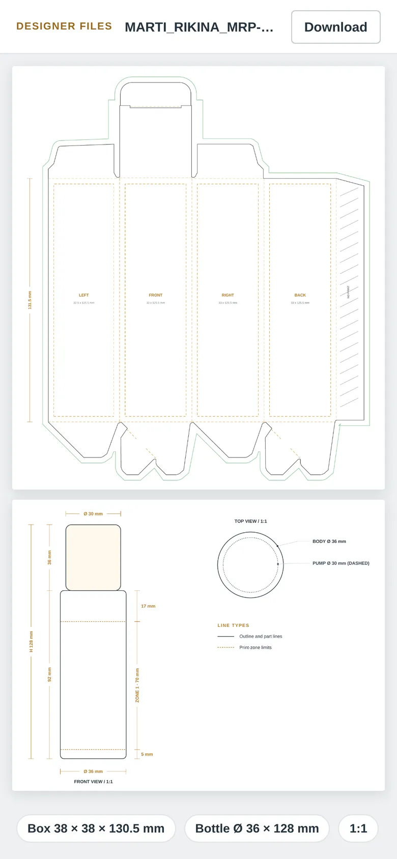 The product dieline and drawing at 1:1 — phone